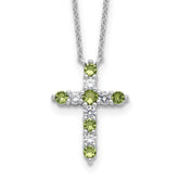 SSRhodium-Rhodium-Plated Green CZ August Birthstone Cross With 2 Inch Extention Necklace